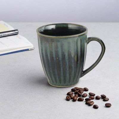 AZURE Bhumija Earth Collection Ceramic Mugs, Set of 2, 300 ml Capacity, Dark Green Colour