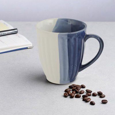 AZURE Bhumija Earth Collection Ceramic Mugs Set of 4, 300 ml Capacity, Blue+ White Colour