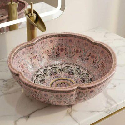 B Backline Mexican Design Ceramic Wash Basin | Designer Table Top wash basin | Countertop Basin For Livingroom & Bathroom 41 X 41 X 14 Cm (Matt Finish) (Pink)