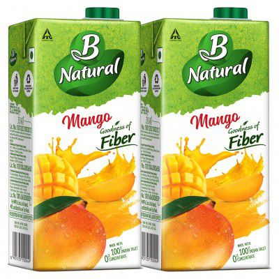B Natural Mango Juice, Goodness of fiber, Made with choicest Mangoes, 1 litre (Pack of 2)