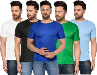 BAAZ  Men Solid Round Neck Polyester Blue, Green T-Shirt