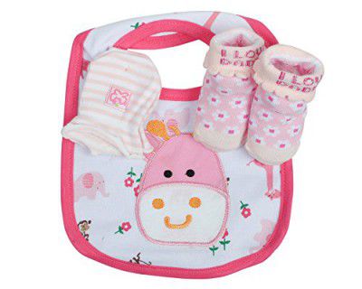 Babies Bloom Newborn Baby Pink Design 3 Pcs Baby Bib, Anti Scratch Mittens and Socks Gift Set for Baby Girl (0-6 Months)