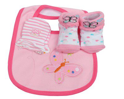BABIES BLOOM Pink 3 Pcs Baby Bib, Anti Scratch Mittens and Socks Gift Set for Baby Girl(0-6 months)