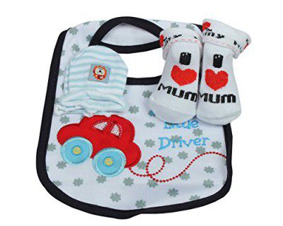 Babies Bloom Red Bus Design Baby Bib with Anti Scratch Mittens and Socks Gift Set, Blue