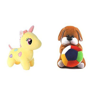 Babique Unicorn Stuffed Soft Toy Plush for Kids Baby Boy Girl Birthday (25Cm -Yellow) & Dog Stuffed Soft Toy Plush for Kids Baby Boy Girl Birthday (19cm)