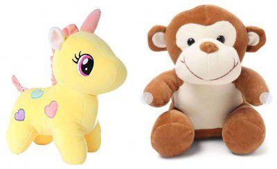 Babique Unicorn Teddy Bear Plush Soft Toy Cute Kids Birthday Animal Baby Boys/Girls (25 cm, Yellow) + Monkey Sitting Plush Soft Toy Cute