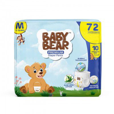 Baby Bear Premium Diaper Pants | Cottony Soft and rash free with Wetness Indicator | Medium (7-12Kg)- 72 Pieces