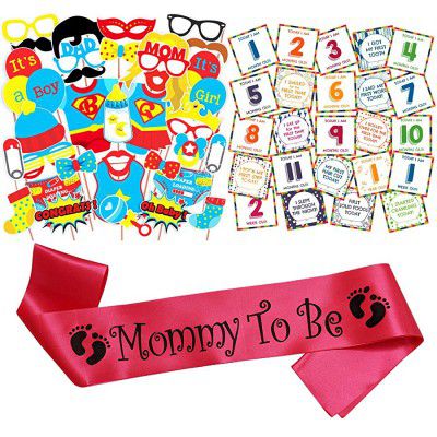 WOBBOX Baby Shower Combo of Photo Booth Party Props, Sash and Milestone Cards - Combo SU