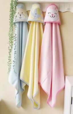 BABY ZONE Embroidered Single Hooded Baby Blanket for AC Room (Polyester, Pink, Yellow, Blue)