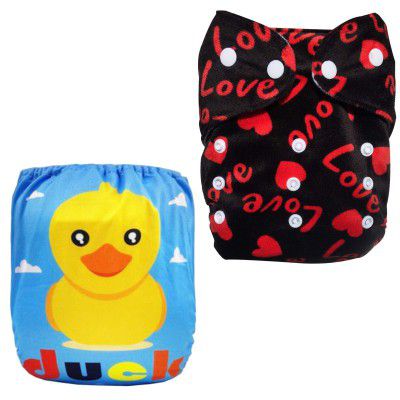 Babymoon (Set of 2) Reusable Cloth Diaper, Premium Adjustable Size Waterproof Washable Pocket Cloth Diaper Nappie (Duck & Love)