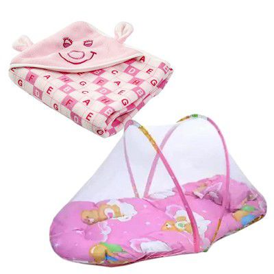 BABYZONE Infants Comfortable Cotton Baby Bedding Protective Mosquito Net and AC Blanket for Baby Combo Set Multicolor