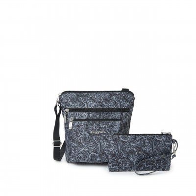 Baggallini Pocket Crossbody Travel Bag with RFID, Grey Paisley Print, One Size