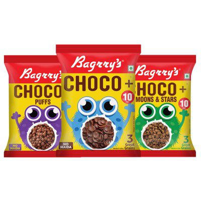 Bagrrys Choco + Variety Pack | BAGRRYS CHOCO+ 24GM POUCH X 2, BAGRRYS CHOCO+ MOONS AND STARS 24GM POUCH X 2, BAGRRYS CHOCO+ PUFFS 24GM POUCH X 2 (Pack of 6)