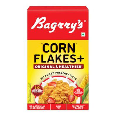Bagrry's Corn Flakes Plus 475g Box |Original and Healthier | Low Fat & Cholesterol | High Fibre |All Natural CornFlakes | Breakfast Cereal