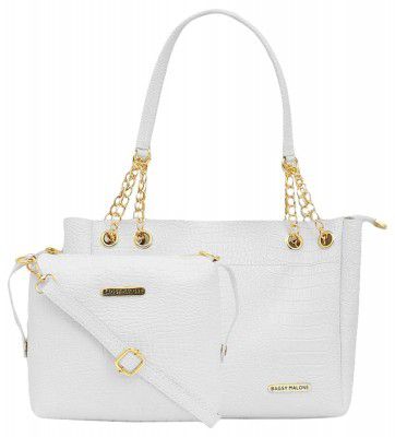 Bagsy Malone Tote Bag -Set of 2 | Handcrafted Side Tote Bag and Handbag for Office and College (Croco White)