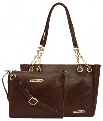 Bagsy Malone Tote Bag -Set of 2 | Handcrafted Side Tote Bag and Handbag for Office and College (Croco Brown)