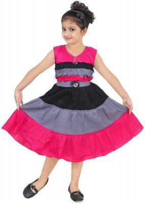BAHUBALI Minnie Girls Midi/Knee Length Casual Dress (Pink, Sleeveless)