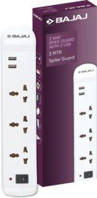 BAJAJ 3-WAY SPIKE GUARD 3 SOCKET & 2 USB 3  Socket Extension Boards (White, 3 m, With USB Port)
