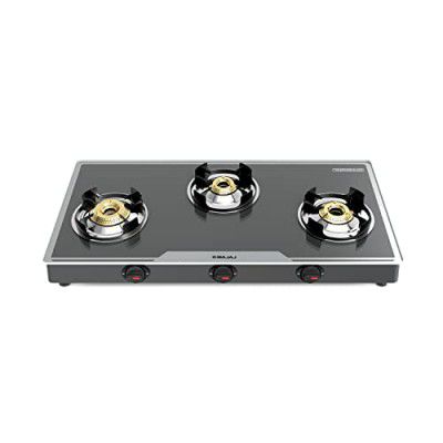 Bajaj 3Bjgp7 Stainless Steel Glass Top Gas Stove with 3 Brass Burners, Isi Certified, Anti-Viral & Anti-Bacterial Coating, Black, Regular, Open