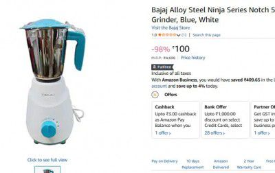 Bajaj Alloy Steel Ninja Series Notch 500W Mixer Grinder, Blue, White