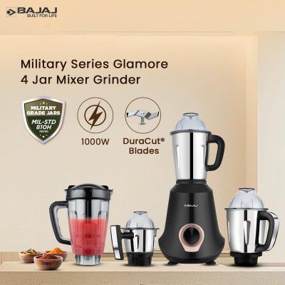 [Extra Rs.1201 OFF] Bajaj Military Series Glamore 1000 W Mixer Grinder With 4 Jars (3 Stainless Steel Jars + 1 Fruit Filter Jar) | 