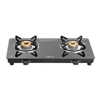 Bajaj UCX 2 Open Burner Slim Glass Top Gas Stove | 2-Brass Open Burners | 360 Degree Swivel Nozzle 