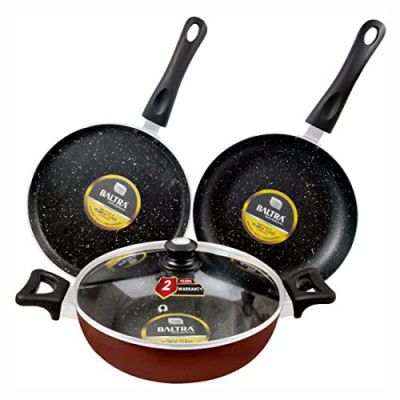BALTRA Induction Base Non-Stick Cookware Set 4 Pieces (1-Piece Non-Stick Kadhai (26cm) with Lid, 1-Piece Non-Stick Fry Pan (24cm), 1-Piece Non-Stick Dosa Tawa (24cm)) Red (BTN-211)