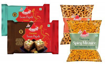 Bambino Soan Papdi Chocolate I Coconut 200 Gms X Pack of 2 (400 Gms) & Namkeens Chegodi I Spicy Mixture 130 Gms X Pack of 2 (260 Gms)