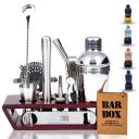 Bar Box Brown Wood Stand - 14-Piece Home Bartending Kit Martini Cocktail Shaker Set with Peg Measurers, Muddler, Bottle & Wine Opener Stylish Brown & Silver Bar Accessories and Bar Tools for Home...