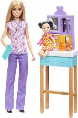 BARBIE Pediatrician Doll and Doctor Playset with Accessories, Purple Scrubs (Multicolor)