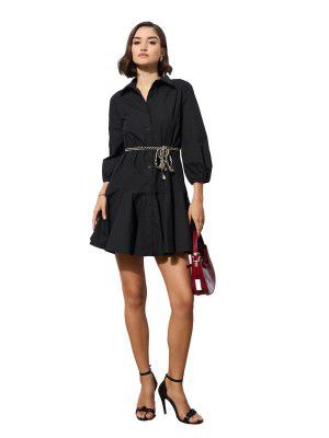 barcino Black Poplin Short Skater Dori-Belt Dress