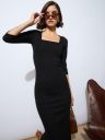 barcino Black Rib Square Neck Sticth Detail Midi Dress...