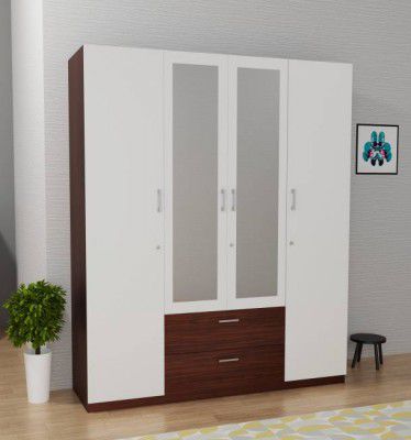 Barewether Engineered Wood 4 Door Wardrobe (Finish Color - Walnut with White, Mirror Included, Knock Down)
