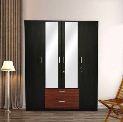 Barewether Engineered Wood 4 Door Wardrobe (Finish Color - Wenge with Walnut, Mirror Included, Knock Down)