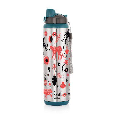BASIK Sprint 1000 - Junglee Summer Double Wall Insulated 500ml Bottle (Pack of 1, Blue, Steel Inner)