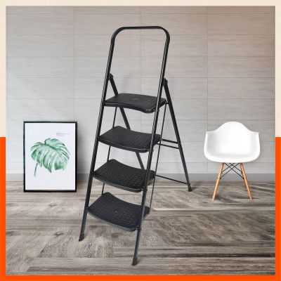 Bathla Boost Rhino 4-Step Foldable Steel Ladder for Home with Anti-Slip Steps (Black+Black)
