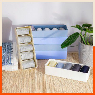 Bathla Drawer Organizers (Set of 2) - 5 Grids Ash Color Multi-purpose Closet Storage Dividers | Stackable Wardrobe Organizers