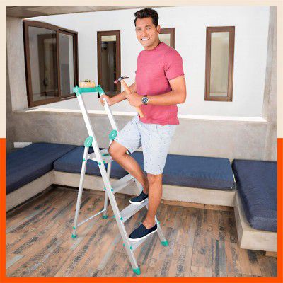 Bathla Elevate 4-Step Foldable Aluminium Ladder for Home with Tool Tray | Anti-Skid | Durable, Heavy Duty, Safe & Stylish | 5-Year Warranty | Teal