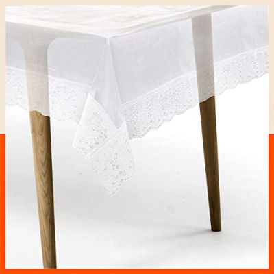 Bathla Matworks Albus Plastic Table Cover for Dining Table with White Lace - Rectangular - (60" X 108")| Plain