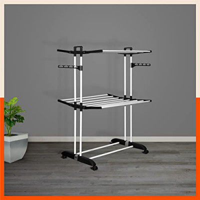 Bathla Mobidry Terra 2 Level Steel Modular Cloth Drying Stand (Black - Medium) Made in India