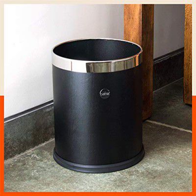 Bathla Stainless Steel Leather Waste Bins | Garbage Trash Can | 8 Litre - Black
