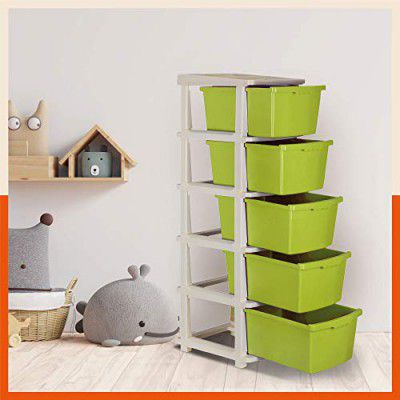 Bathla STOMO 5 XL Drawers Multi-purpose Modular Storage for Home, Kitchen & Office | Easy to Move with Trolley Wheels | Chest of Drawers | Green (Plastic)