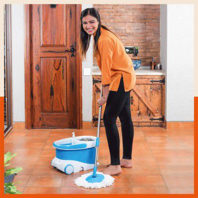 Bathla Ultra Clean Plus - Heavy Duty Microfiber Spin Mop with Large Trolley Wheels