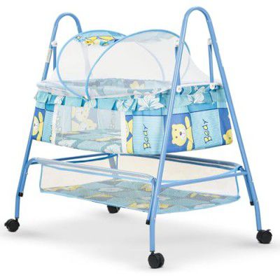 BAYBEE Clora Baby Swing Cradle for Baby | Baby Bedding Set with Mosquito Net & Storage Basket | Jhula Palna for New Born Babies | Baby Sleeping Swing Cradle for 0 to 12 Months Boys Girls (Dark Blue)