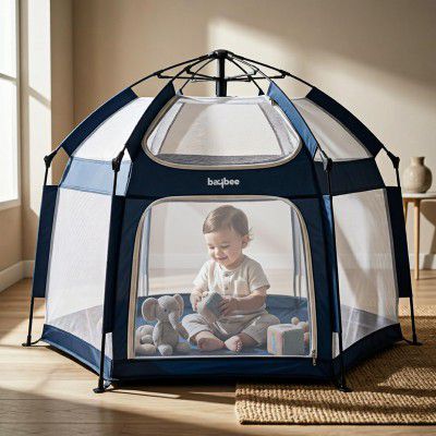 baybee Foldable Playard for Babies with Mosquito Protection & Zipper Lock Hexagon shape (Blue)