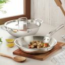 BE Bergner Essentials Triply 22cm (2.5 L) Kadai & 22cm (1 L) Frypan - Induction Bottom Cookware Set (Triply, 3 - Piece)...