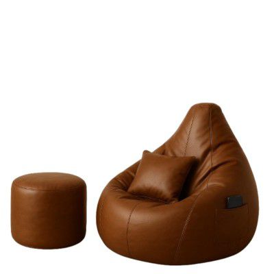 Bean Bag Chair | Gaming Seat with Side Pocket | Cover Only (Free Pillow & Footrest, No Beans) (Brown, XL)