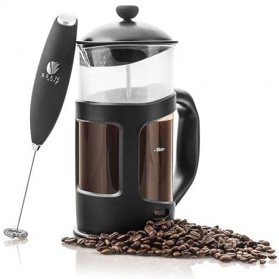 BEAN ENVY French Press Coffee Maker and Milk Frother Set with 4 level Filtration System|Glass Carafe Coffee Press & Drink Mixer Duo w/Stainless Steel Stand (Black, 1L)