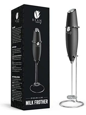 Bean Envy Milk Frother for Coffee Handheld Battery-Operated Electric Milk and Coffee Frother, Mini Electric Drink Mixer, Foamer & Frother with Stand for Coffee, Hot Chocolates - Midnight Black