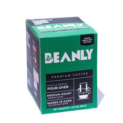 Beanly Single-Serve Pour-Over Coffee - Organic Blend | 10 Pre-filled Drip Coffee Filters | 